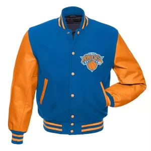 New York Knicks Varsity Jacket - Blue & Orange Wool Body with Leather Sleeves