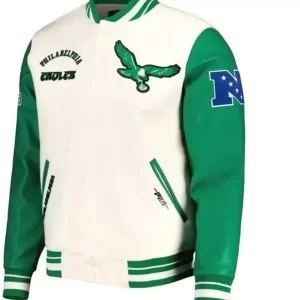 Philadelphia Eagles Green & White Letterman Varsity Jacket With Leather Sleeve