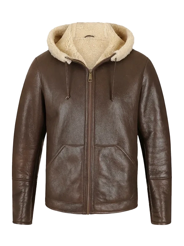 Mens Brown Hooded Shearling Leather Jacket