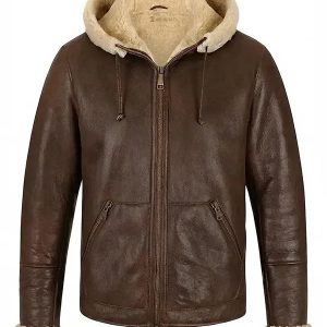 Mens Brown Shearling Hooded Leather Jacket