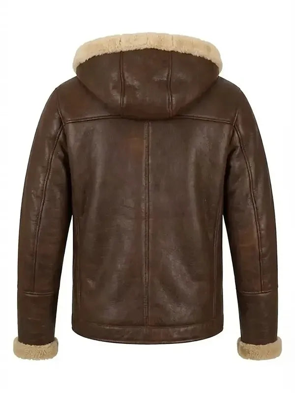 Mens Brown Shearling Hooded Leather Jacket - Image 2